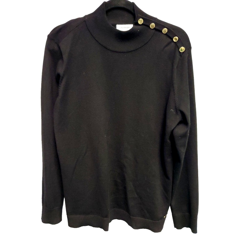 Calvin Klein Womens Size Large Gold Accent Buttons LS Black Sweater Mock Neck
